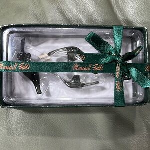 NIB Marshall Field’s glass high heel Christmas ornaments.